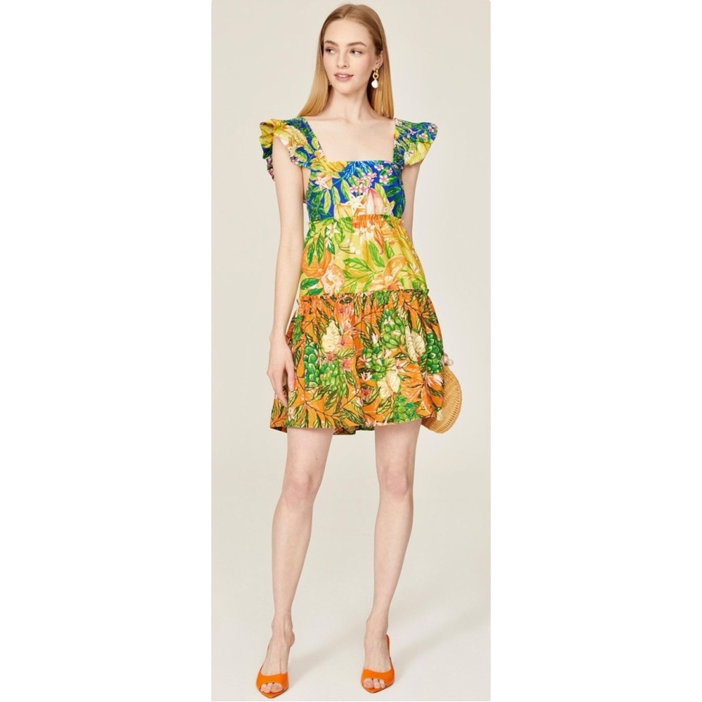 FARM Rio Caipirinha Green Yellow Vibrant Print Tiered Sleeveless Mini Dress - XL - Picture 10 of 14